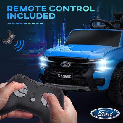 Qaba Ford Ranger Licensed 12V Ride on Car Battery Powered Kids Truck w/ Rear Storage Remote, Spring Suspension, Blue