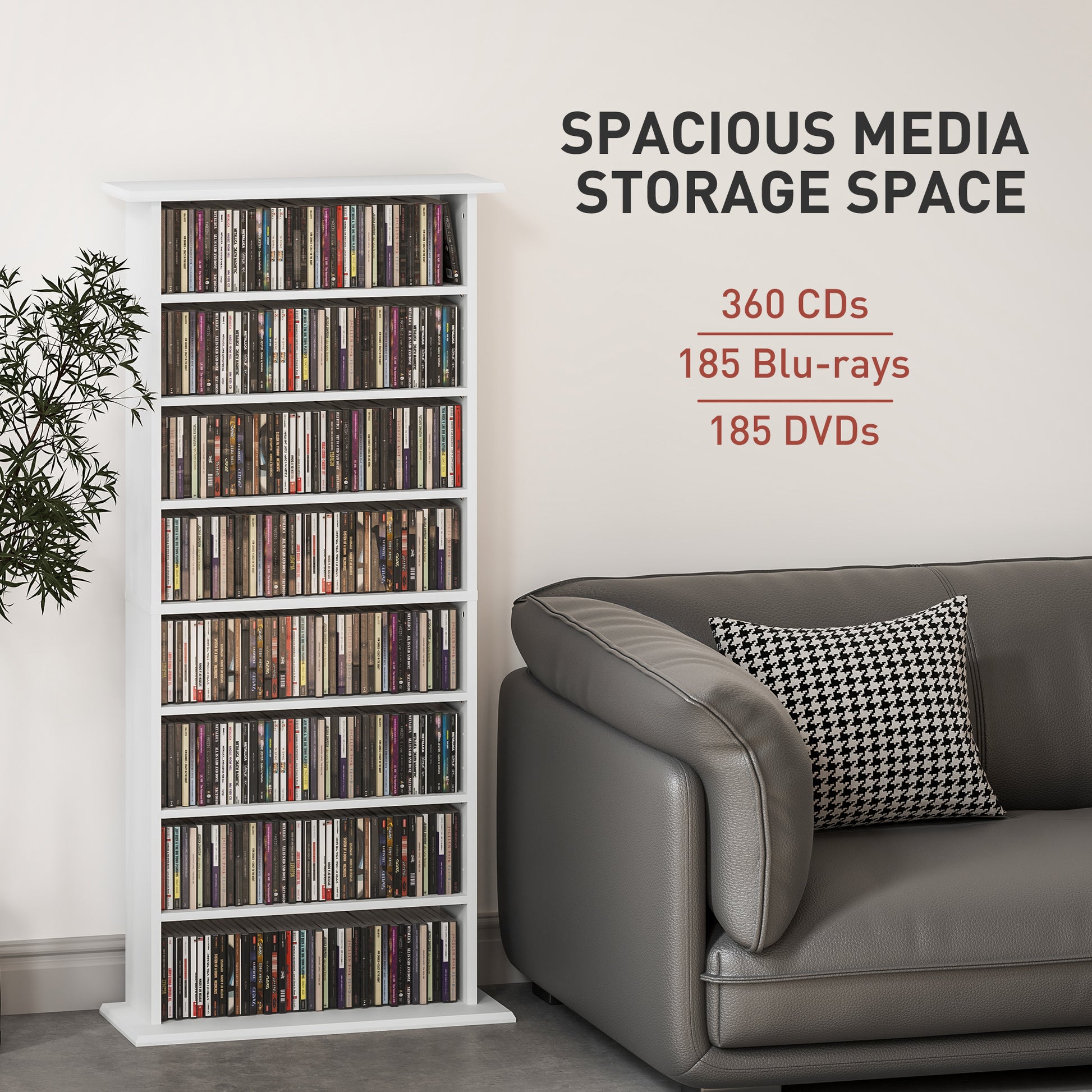 8-Tier DVD Shelf with 6 Adjustable Shelves, Slim CD Shelf, Holds 360 CDs, 185 DVDs or 185 Blu-rays, White
