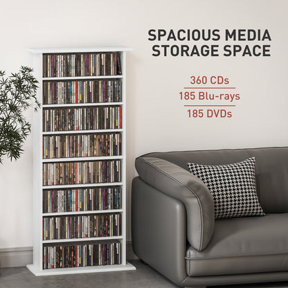 8-Tier DVD Shelf with 6 Adjustable Shelves, Slim CD Shelf, Holds 360 CDs, 185 DVDs or 185 Blu-rays, White