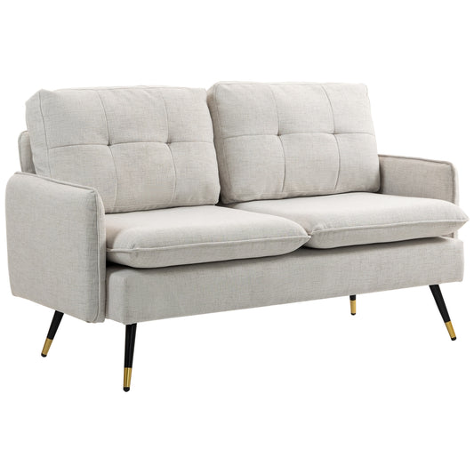 55" Loveseat Sofa, Linen Love Seat w/ S spring, Steel Legs and Button Tufting, Small Couch for Living Room, Cream White