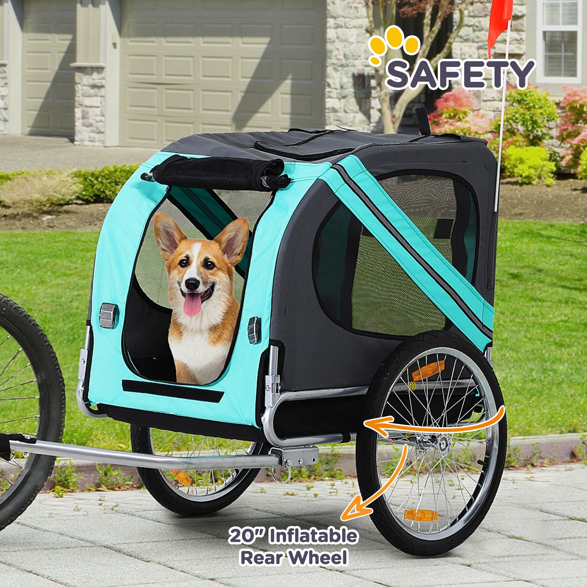 Aosom Dog Bike Trailer Pet Cart Bicycle Wagon Cargo Carrier Attachment for Travel with 3 Entrances Large Wheels for Off-Road & Mesh Screen, for Small Medium Dogs, Green