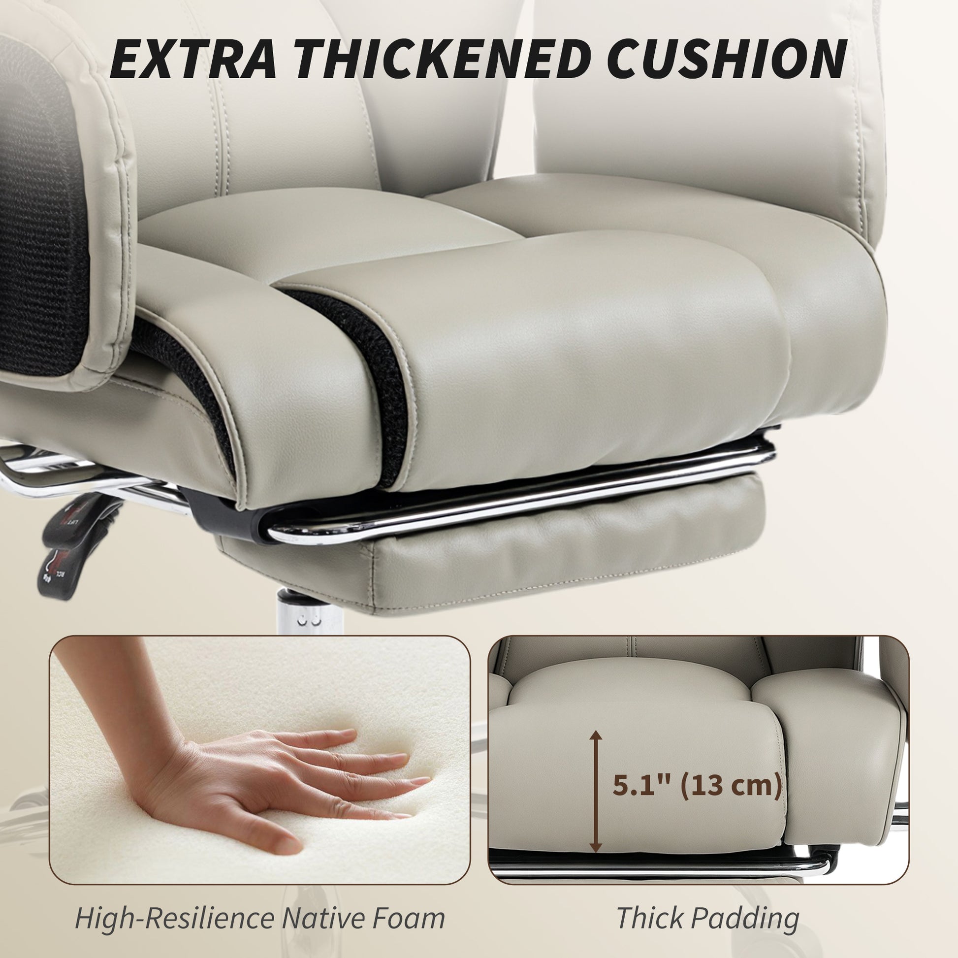 Reclining Office Chair, Overstuffed Executive Desk Chair with High Back, PU Leather, Footrest, Swivel Wheels, Grey