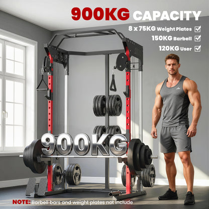 Soozier Power Cage, Power Rack with Adjustable Cable Pulley System, Pull-Up Bar, Dip Station, Landmine
