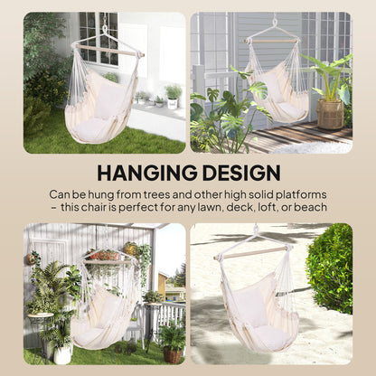 Hammock Chair Swing Hanging Macrame Chair Cotton w/ Two Soft Seat Cushions, for Bedroom Indoor Outdoor Ideal Gift for Kids Lover Birthday Present White