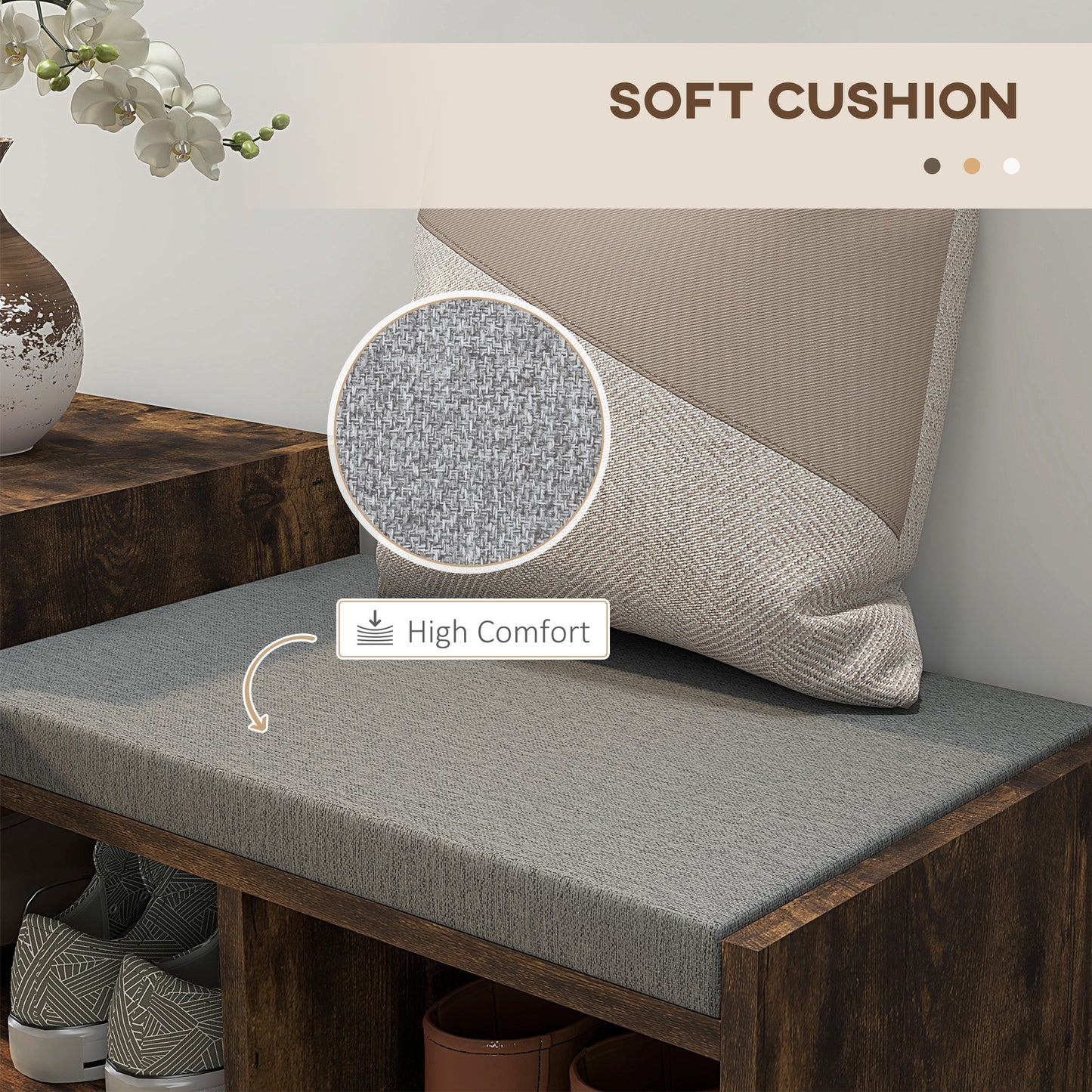 Upholstered Shoe Storage Bench, Hallway Shoe Storage with Seat, Drawer, 3 Open Shelves for Entryway, Rustic Brown