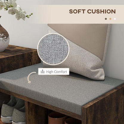 Upholstered Shoe Storage Bench, Hallway Shoe Storage with Seat, Drawer, 3 Open Shelves for Entryway, Rustic Brown