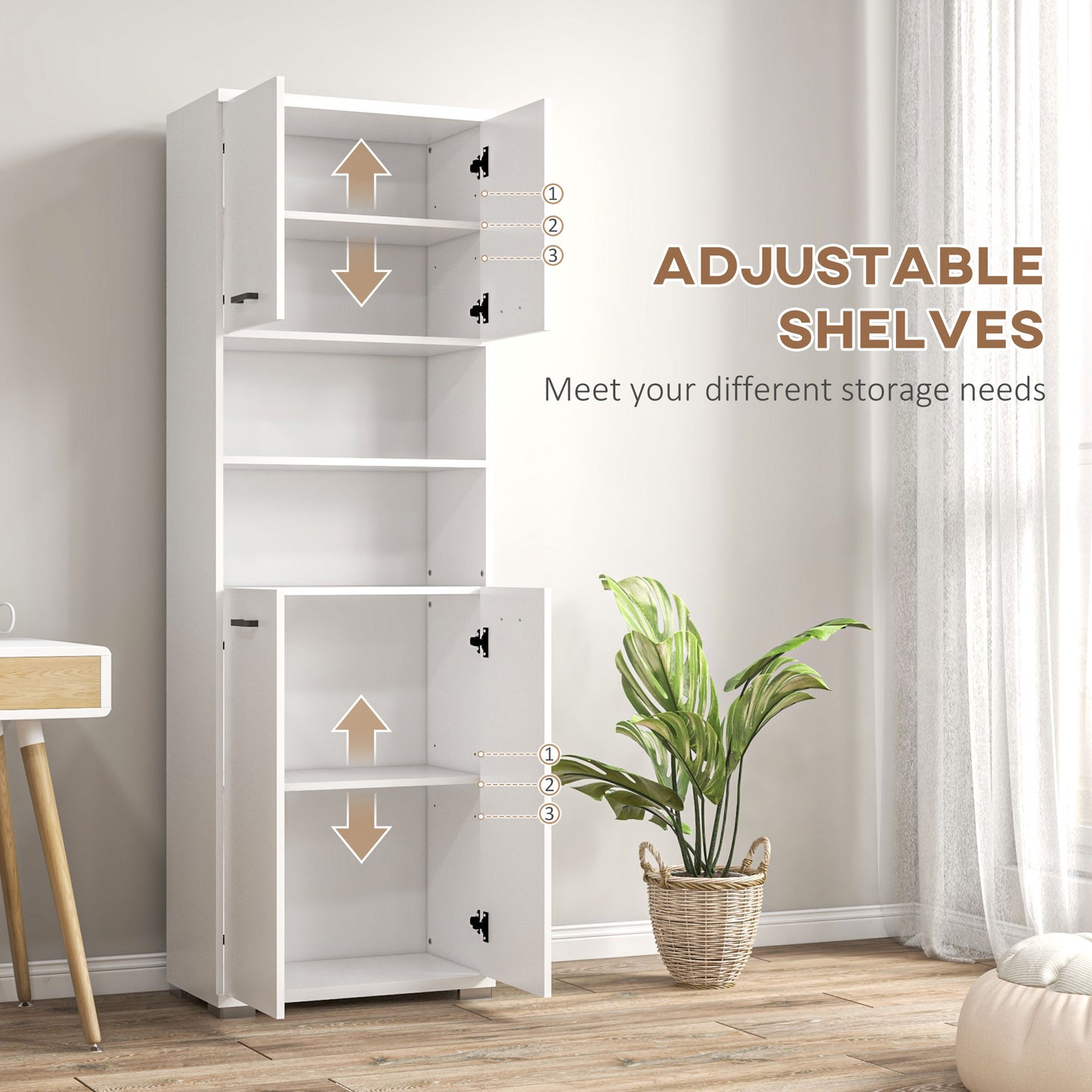 Bathroom Cabinet, Freestanding Linen Cabinet with Open Shelves and Cupboards, 23.6"x13.2"x72", White