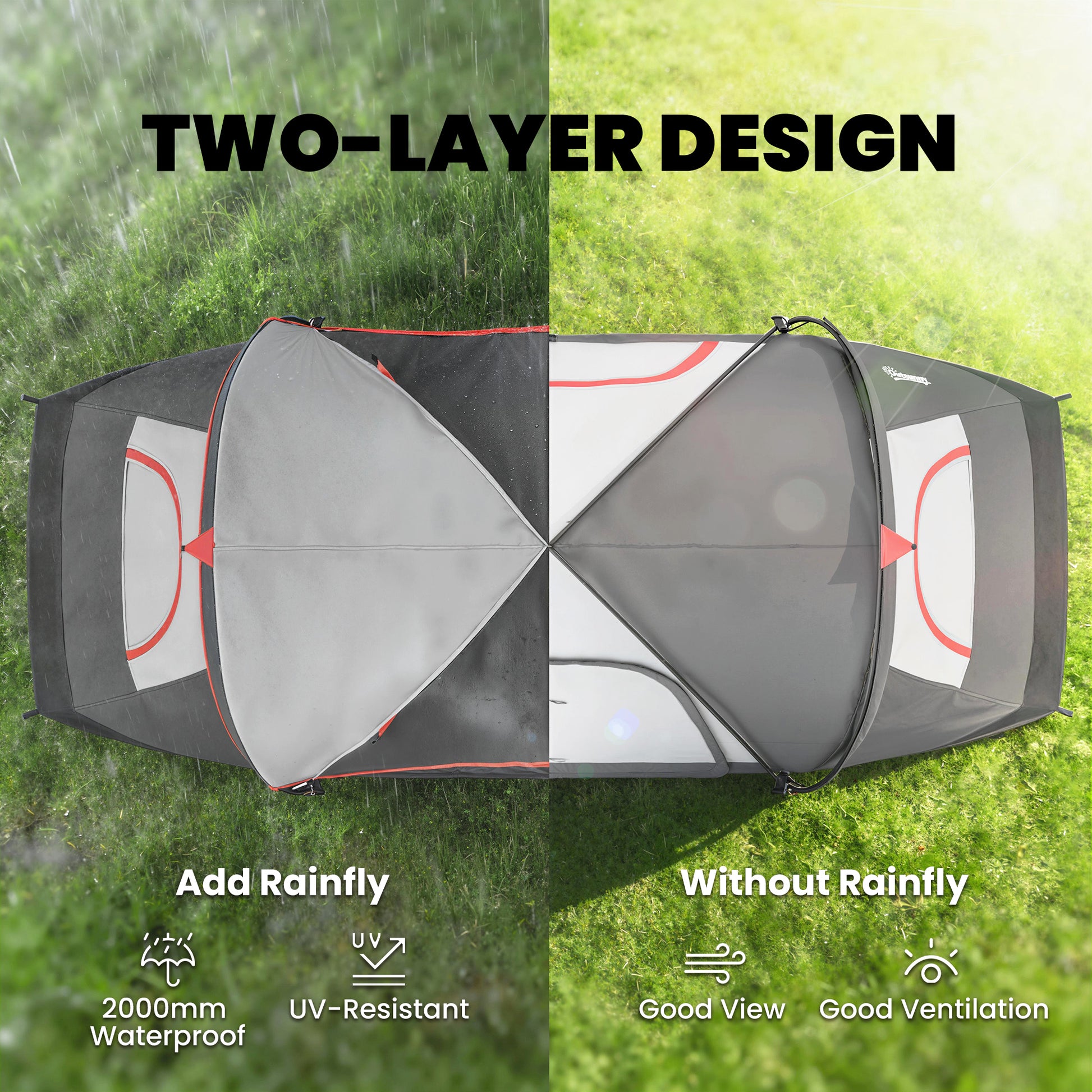 Camping Tent for 6-8 Man with 2000mm Waterproof Rainfly and Carry Bag for Fishing Hiking Festival, Dark Grey