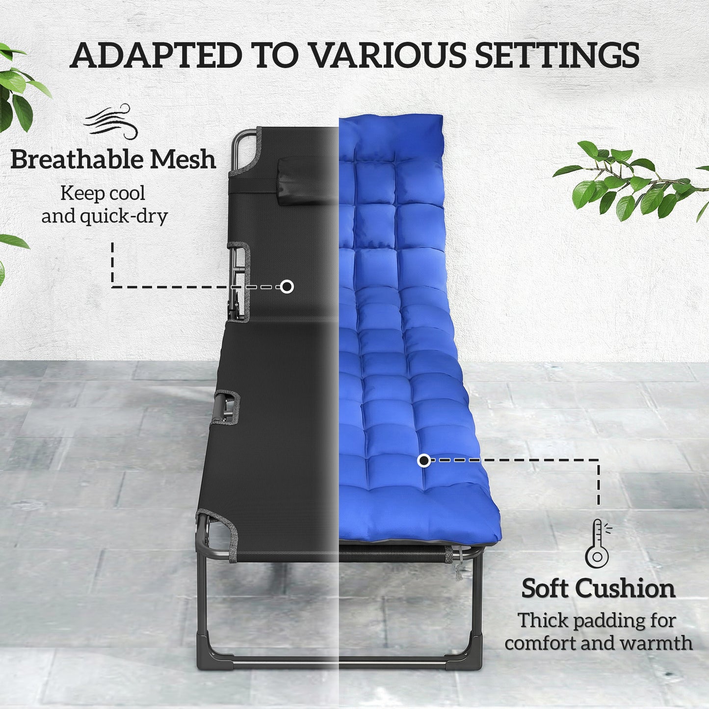29.5" Wide Folding Chaise Lounge Chair Outdoor Tanning Chair, Camping Cot with Cushion, Side Pocket, Grey/Blue