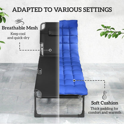 29.5" Wide Folding Chaise Lounge Chair Outdoor Tanning Chair, Camping Cot with Cushion, Side Pocket, Grey/Blue