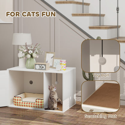 Cat Litter Box Enclosure, Cat Washroom End Side Table with Rattan Door, Scratching Pad, Non-slip Foot Pads, White