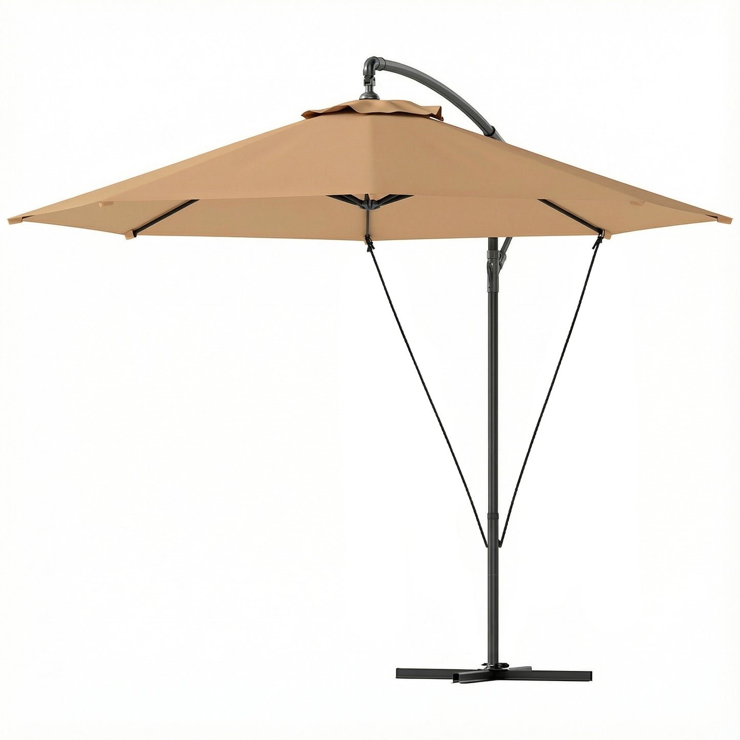 9.5' Cantilever Umbrella with Wind Protection Strap and Cover, Hanging Umbrella with Crank and Cross Base, Khaki