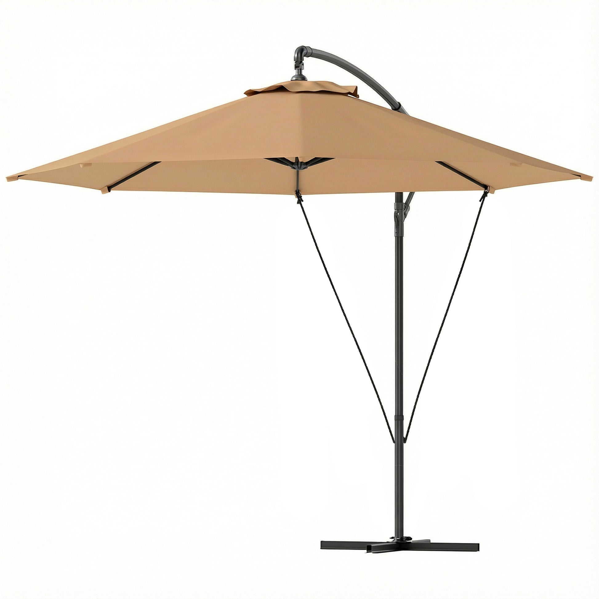 9.5' Cantilever Umbrella with Wind Protection Strap and Cover, Hanging Umbrella with Crank and Cross Base, Khaki