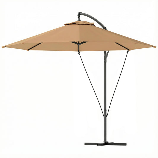 9.5' Cantilever Umbrella with Wind Protection Strap and Cover, Hanging Umbrella with Crank and Cross Base, Khaki