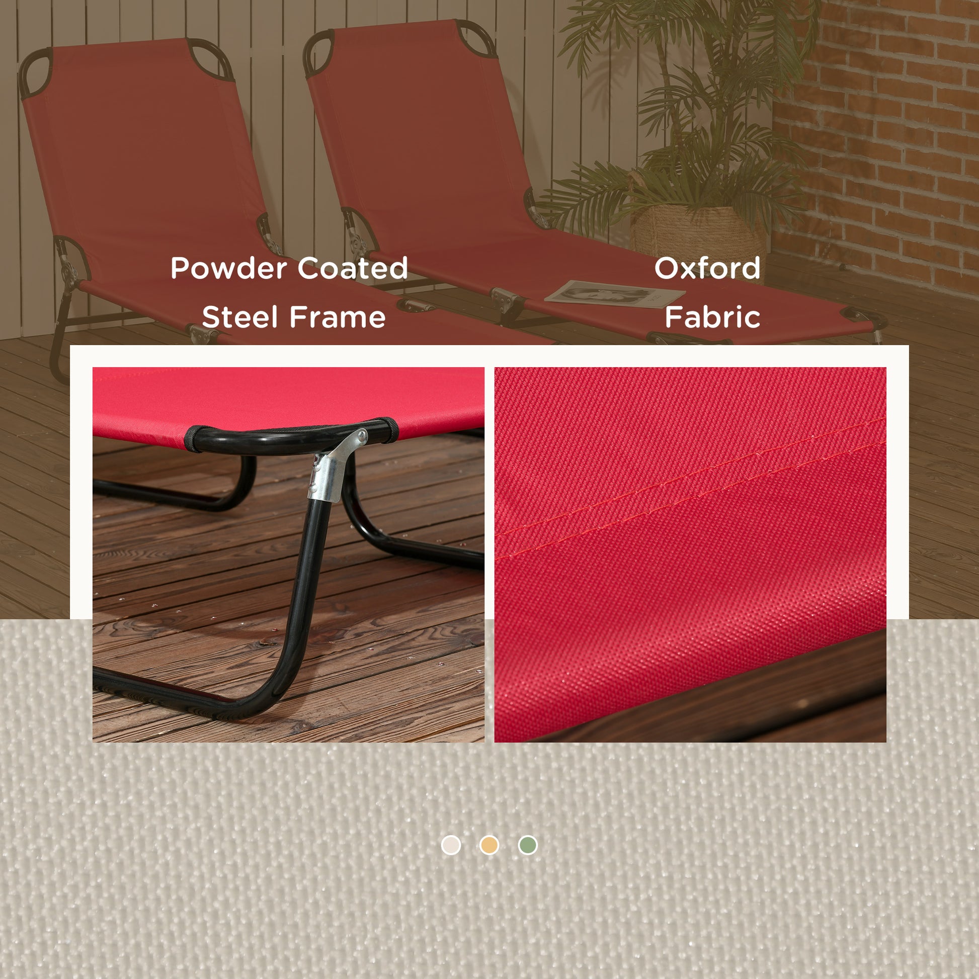 Set of 2 Folding Outdoor Lounge Chair, Sun Tanning Chairs with Reclining Back, Breathable Mesh for Beach Patio, Red