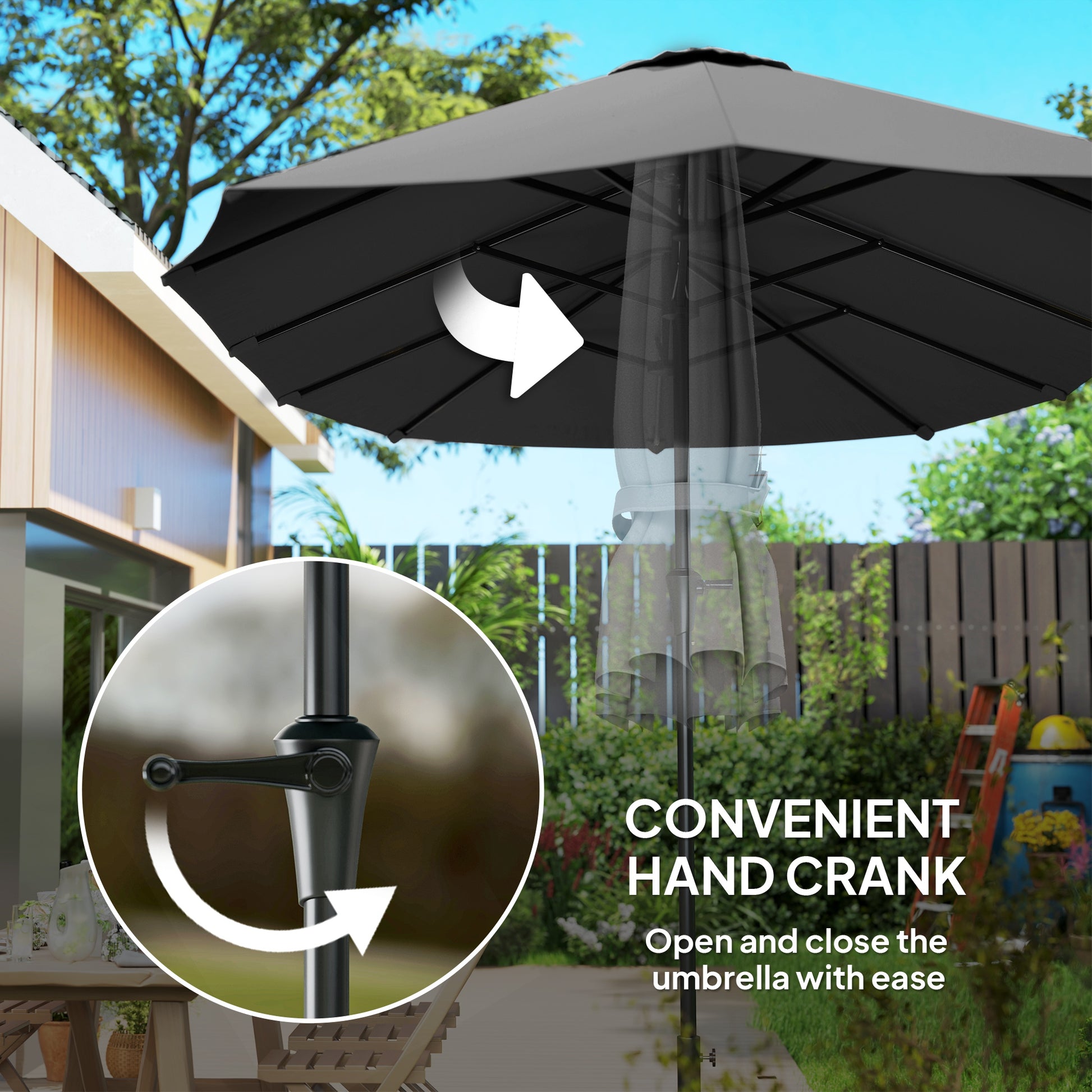 13ft Double-Sided Patio Umbrella with Crank Handle, for Poolside, Deck, Garden, Dark Grey