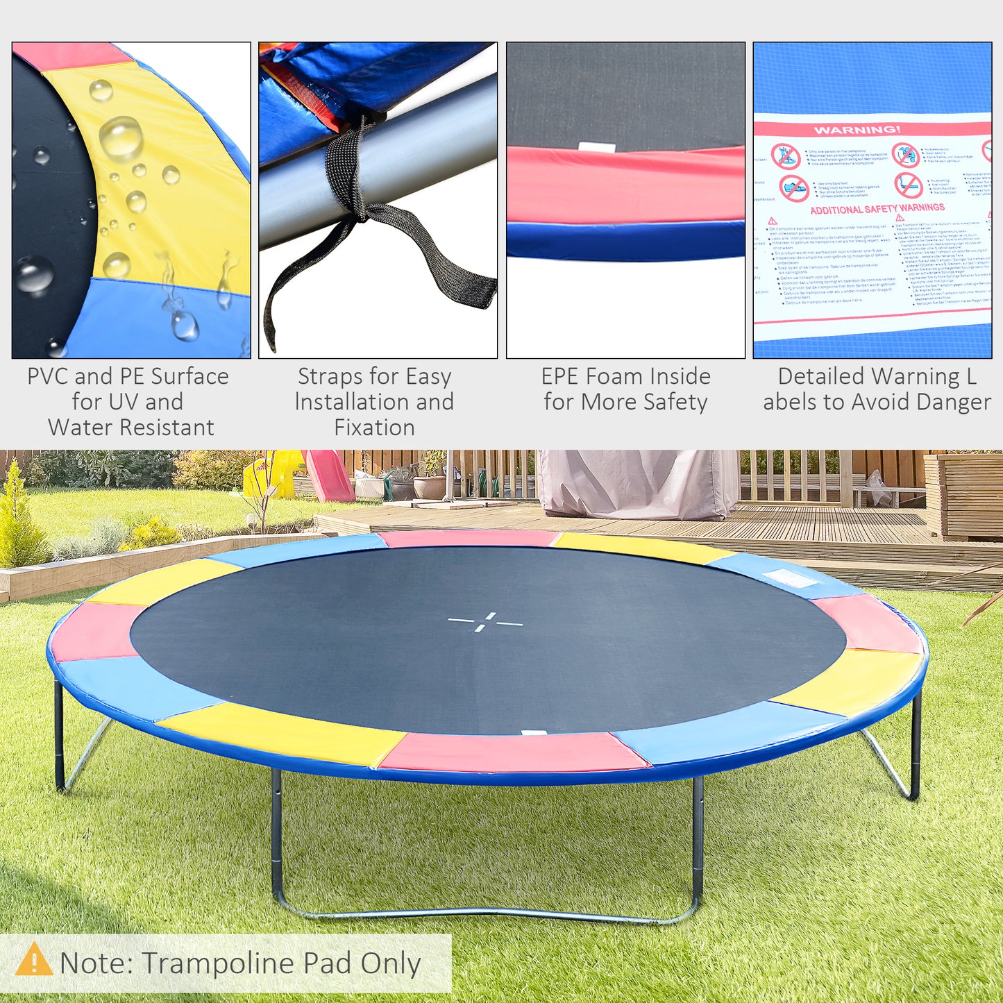 Soozier Trampoline Pad, 14FT Replacement Trampoline Safety Pad Mat Spring Cover, Water-Resistant, UV-Resistant, Tear-Resistant, No Holes for Pole, Colorful
