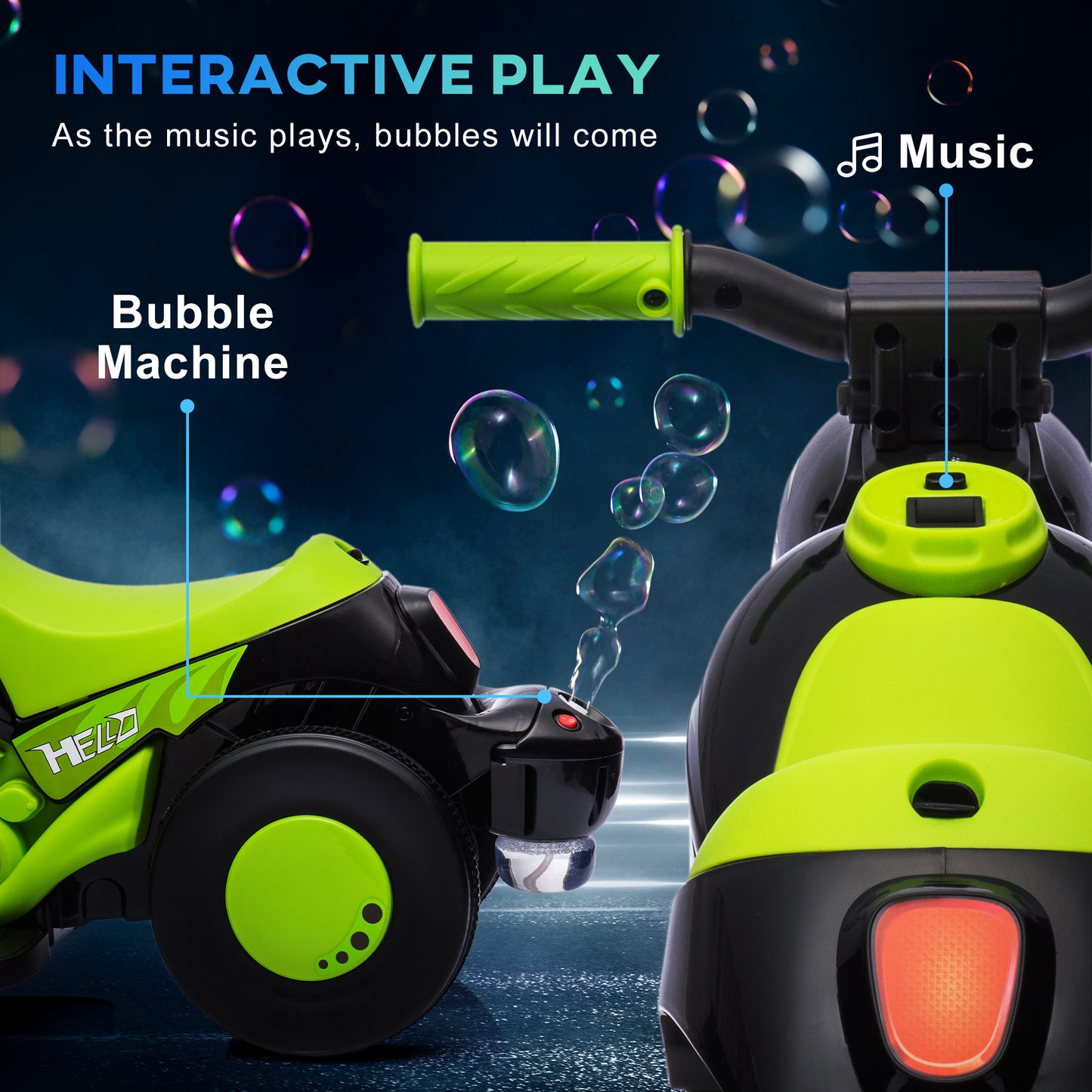 Qaba Electric Motorcycle for Kids, 6V Ride on Bubble Car with LED Headlight, Music, Pedal, for 2-5 Years Green