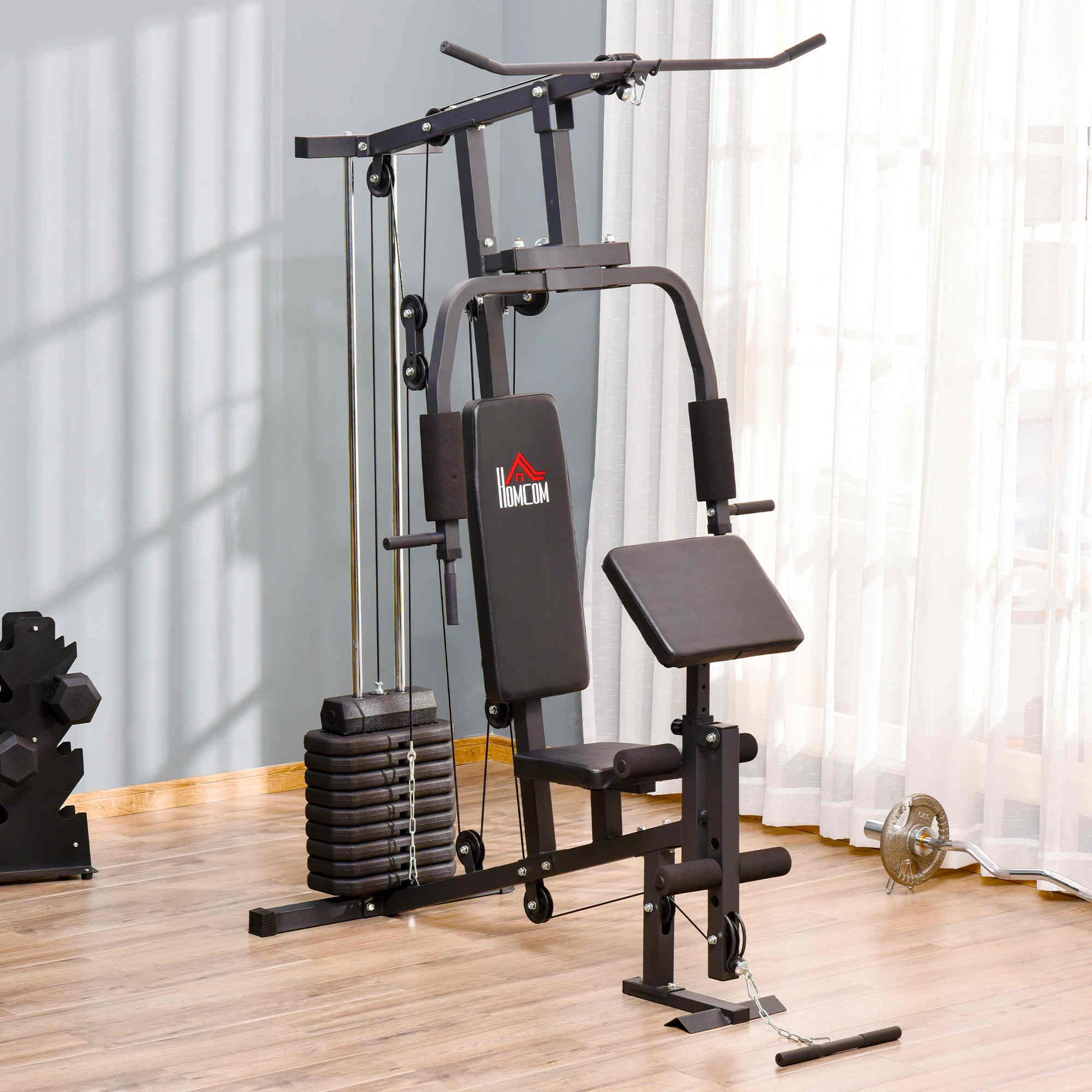 Soozier Multifunction Home Power Exercise Gym System Weight Training Exercise Workout Station Fitness Strength Machine for Whole Body Training Black