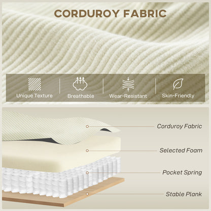 Corner Sofa with Changeable Chaise, Corduroy L-Shaped Sectional Sofa with Pocket Spring, 2 Pillows, Cream White