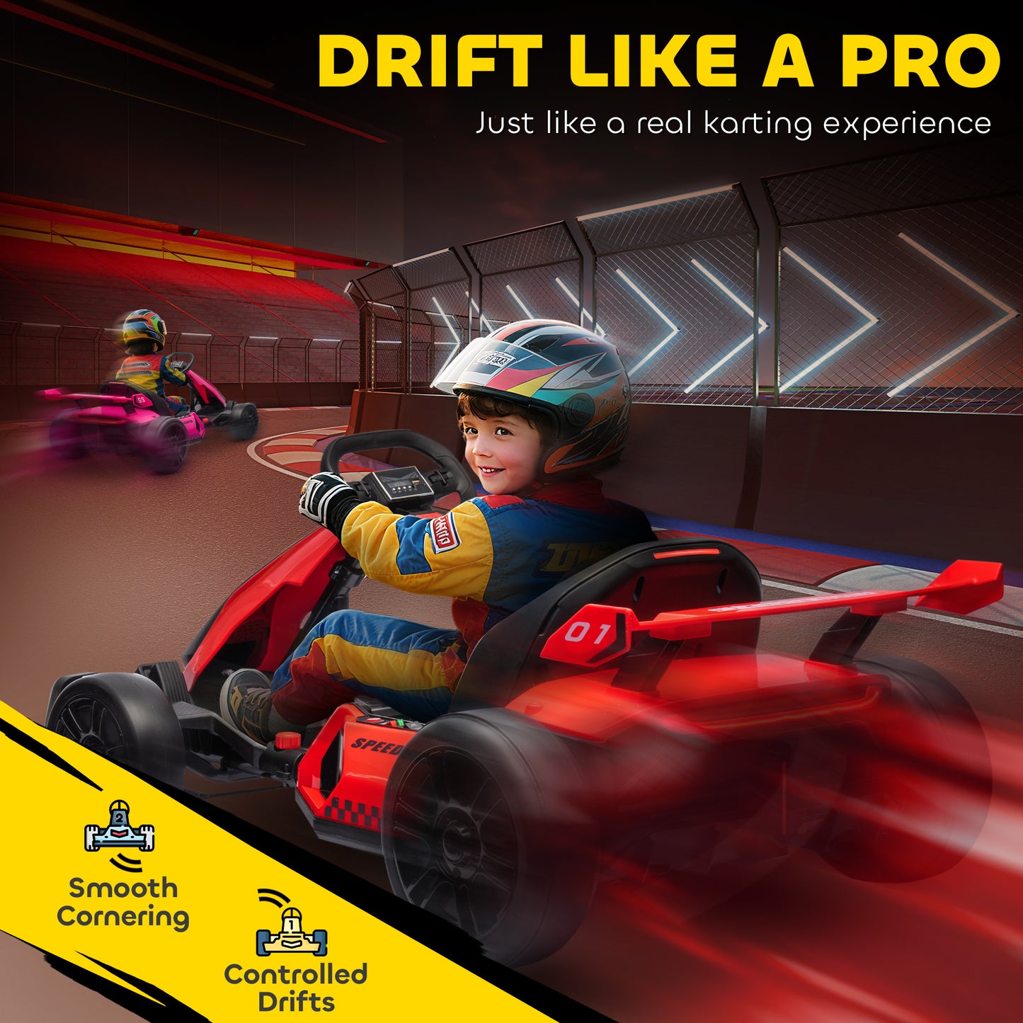 Aosom 24V Electric Go Kart, Battery Powered Kids Drift Kart with Adjustable Seat, Seat Belt, Horn, Music, Light, Red