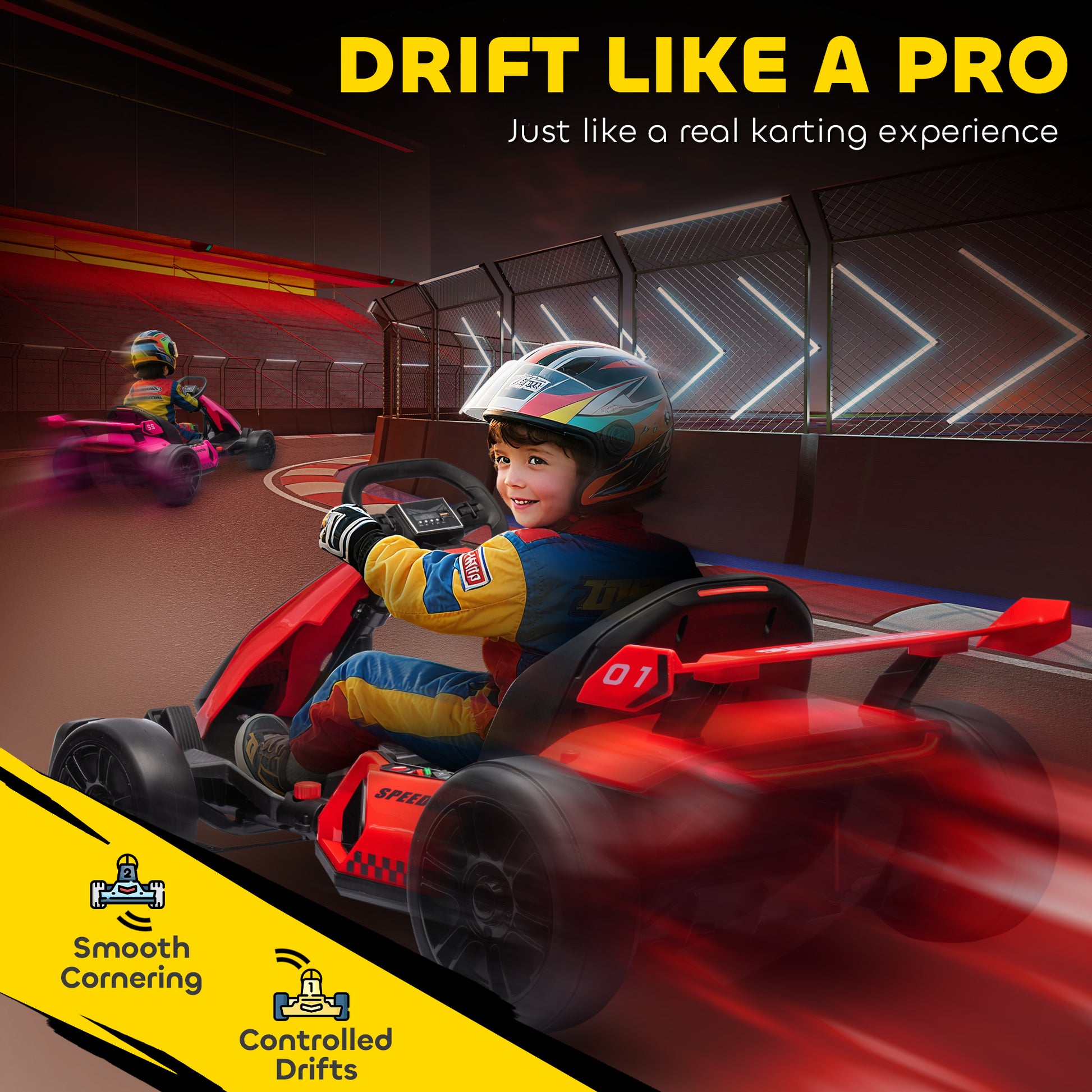 Aosom 24V Electric Go Kart, Battery Powered Kids Drift Kart with Adjustable Seat, Seat Belt, Horn, Music, Light, Red