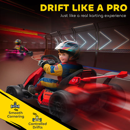 Aosom 24V Electric Go Kart, Battery Powered Kids Drift Kart with Adjustable Seat, Seat Belt, Horn, Music, Light, Red