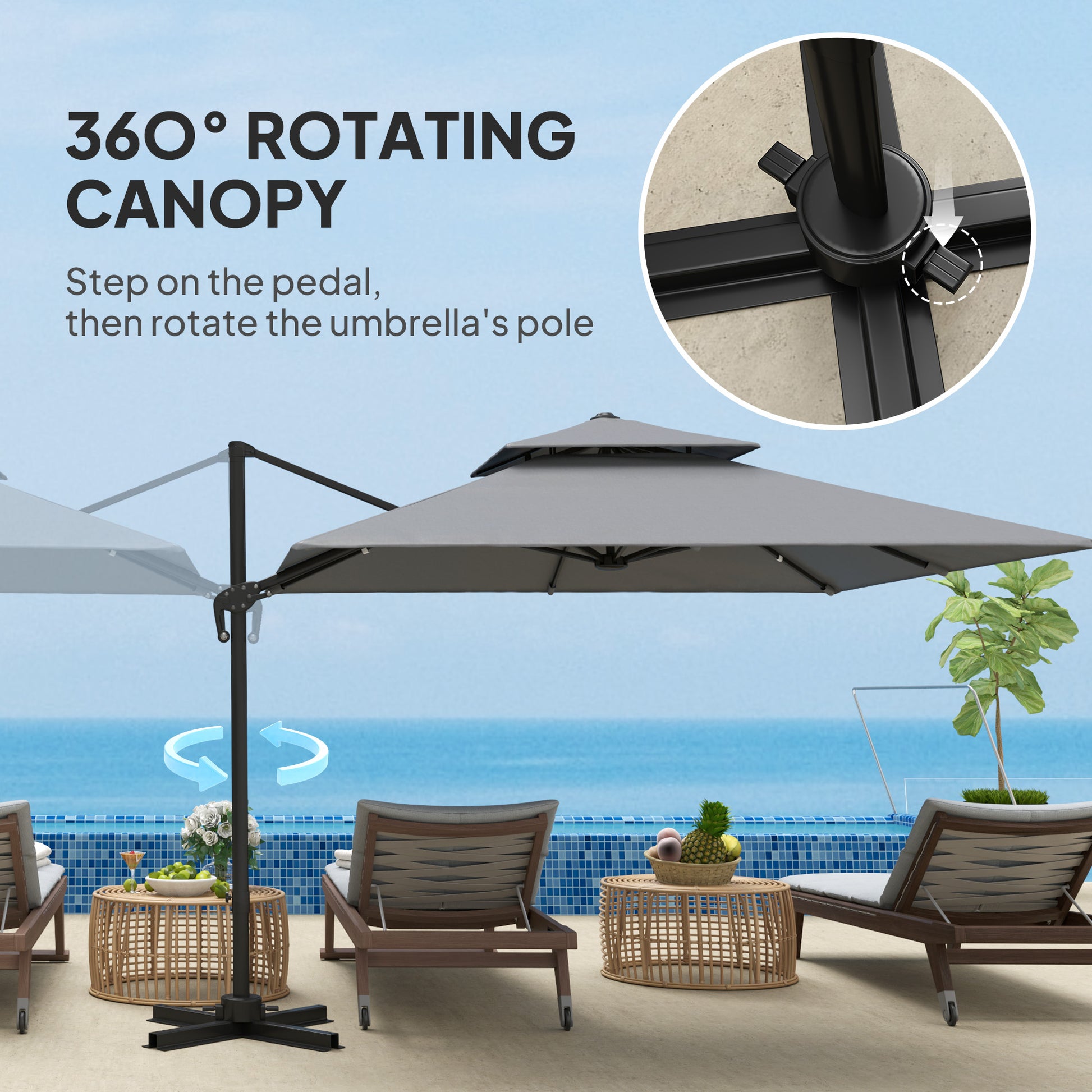 10' x 10' Cantilever Patio Umbrella, Double Top Square Offset Umbrella with 360° Rotation, Light Grey