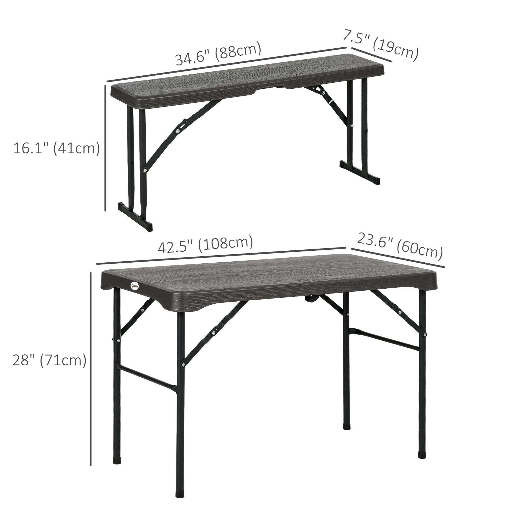 Folding Picnic Table with 2 Benches, 3-Piece Portable Outdoor Picnic Table Bench Set for 4, Patio Dining Table Set with Plastic Top, Steel Frame for Garden, Dark Grey