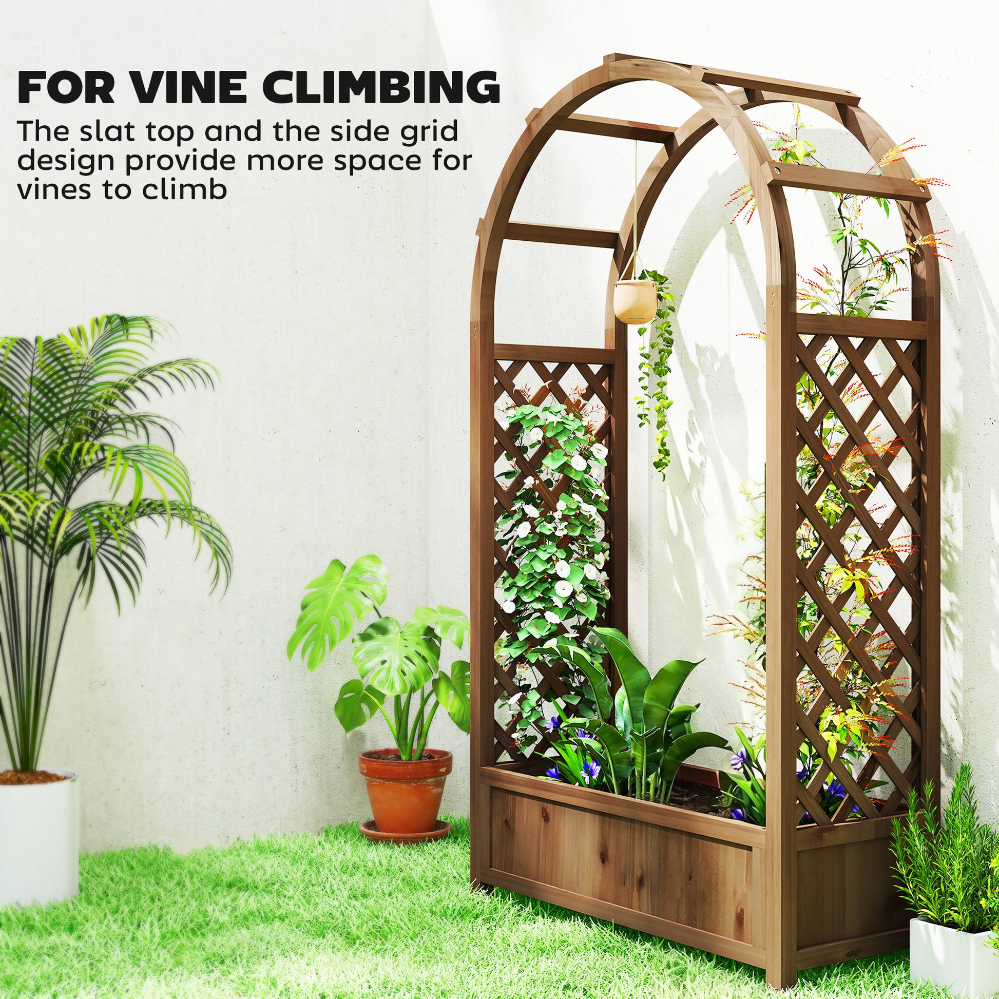 Raised Garden Bed with Arch Trellis, Freestanding Garden Planter Box, Outdoor Planter Container, Dark Brown Wood Effect