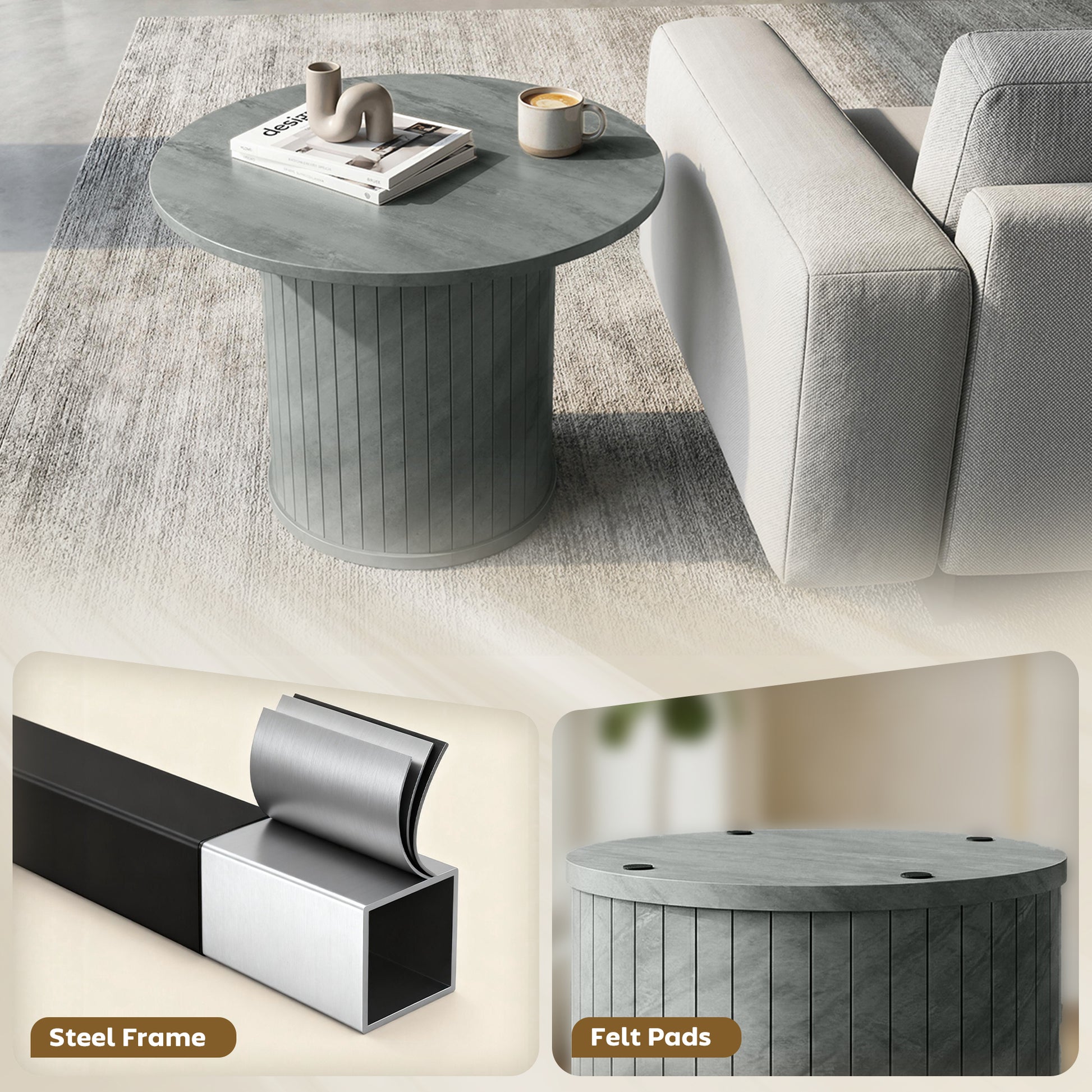 Round Coffee Table, 24" Center Table, Cement Grey