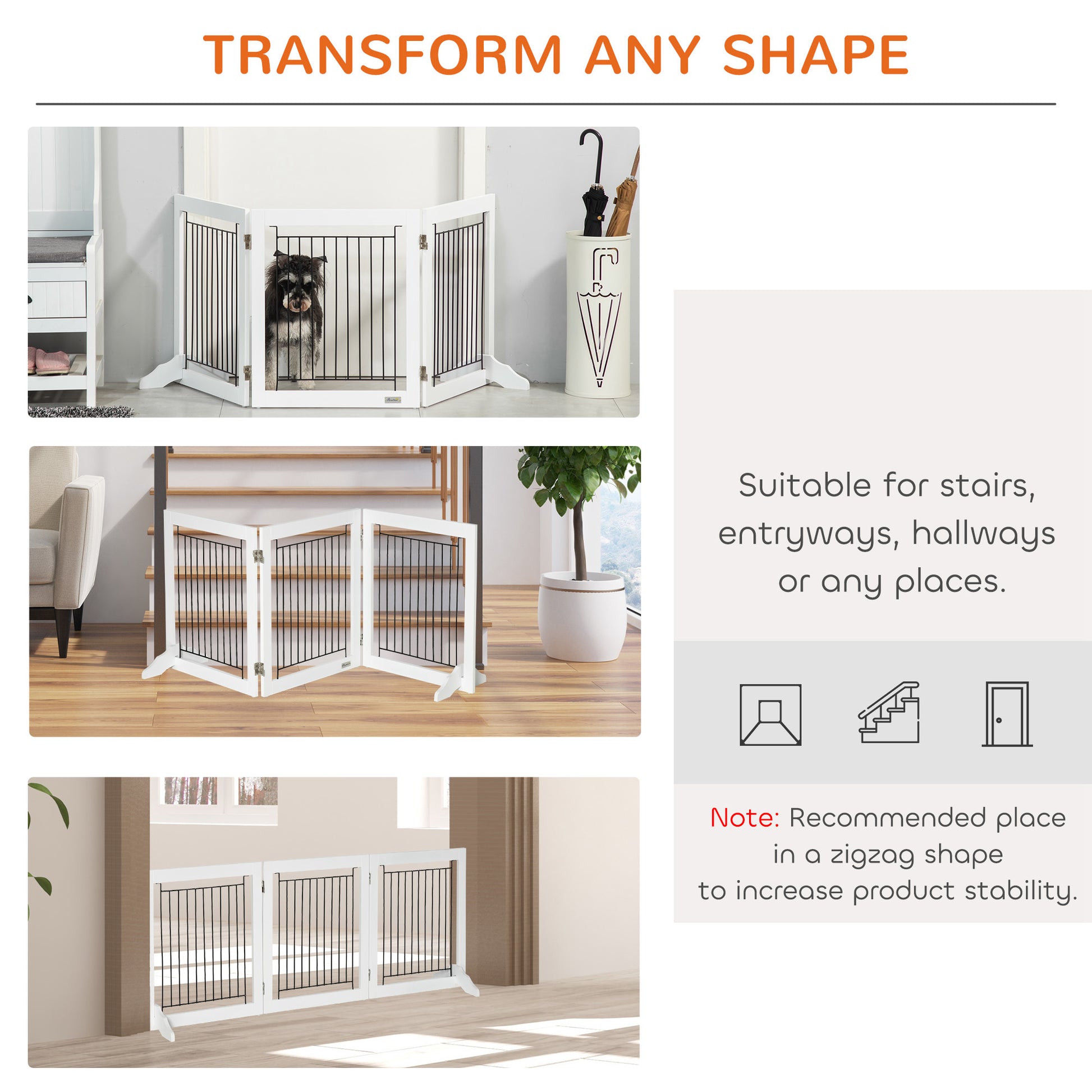 Freestanding Pet Gate, Folding Dog Gate with 2 Support Feet, 24" High, 3 Panels, for Small Dogs, Indoor Use - White