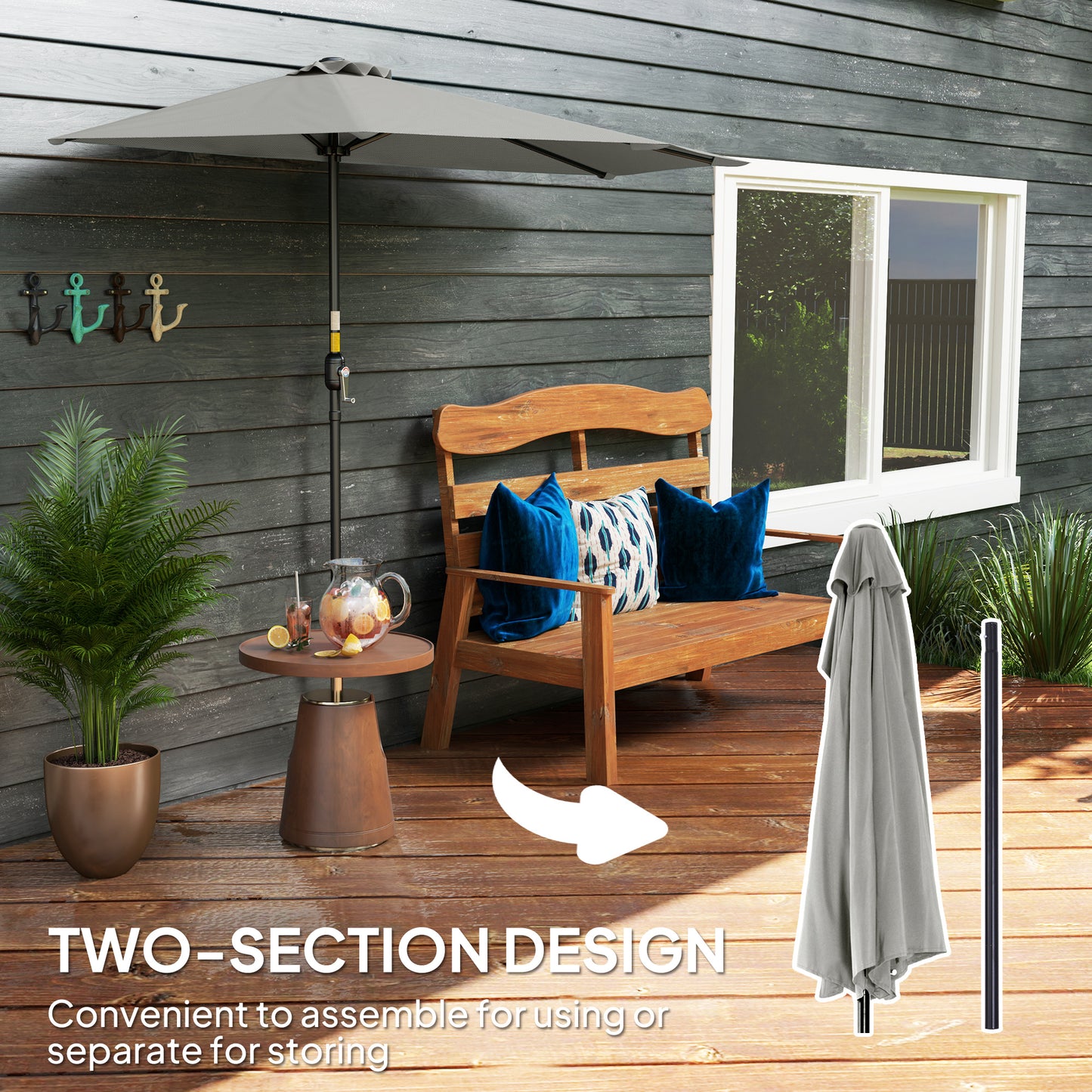 9ft Half Round Umbrella Outdoor Patio Garden Balcony Parasol Window Sun Shade w/ 5 Ribs Light Grey