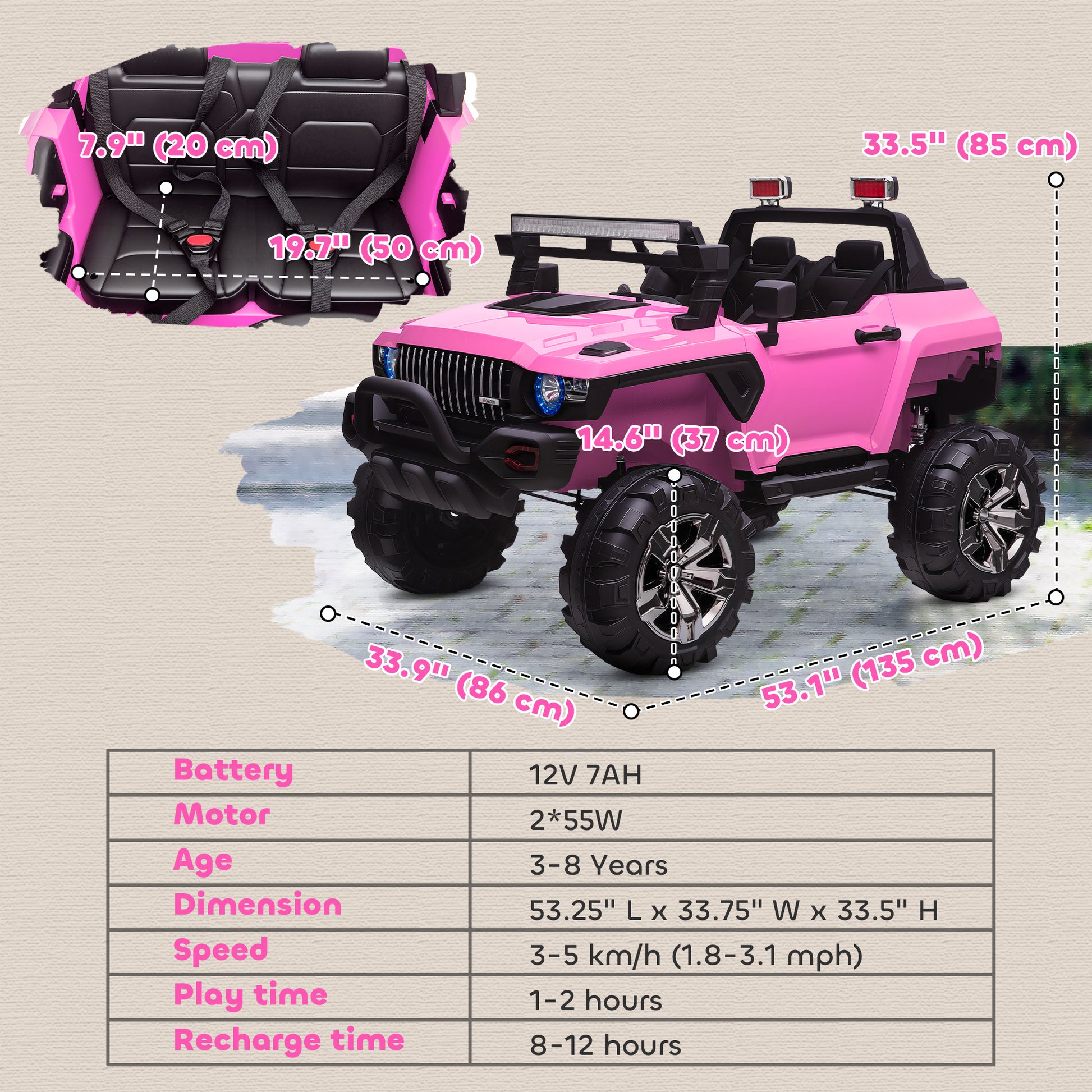 Aosom 2-Seater Kids Ride On Police Car, 12V 7AH Remote Control Police Truck Electric Car for Toddlers with LED Lights, Big Off-road Wheels, 4 Shock Absorbers, MP3, Storage, Pink