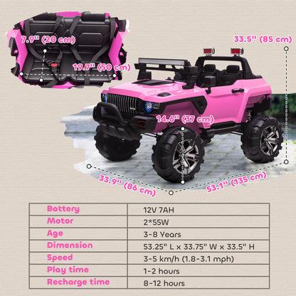 Aosom 2-Seater Kids Ride On Police Car, 12V 7AH Remote Control Police Truck Electric Car for Toddlers with LED Lights, Big Off-road Wheels, 4 Shock Absorbers, MP3, Storage, Pink