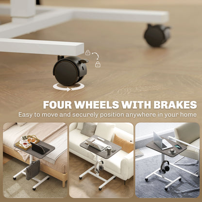 Height Adjustable Standing Desk, Pneumatic Sit Stand Desk with Wheels and Headphone Hook, Grey Wood Grain