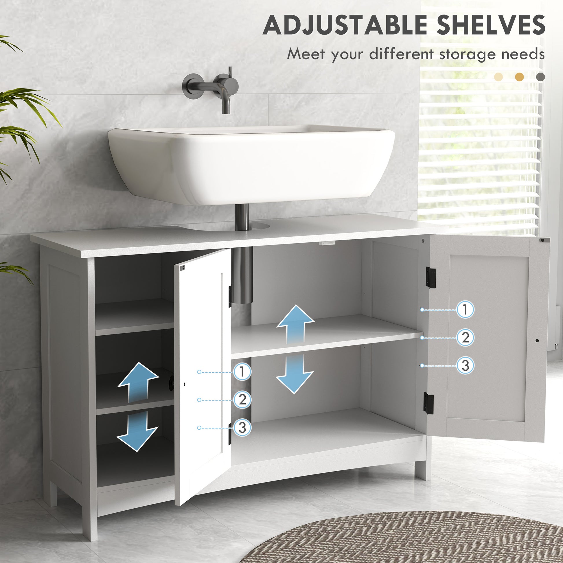 Bathroom Vanity Cabinet, Under Sink Storage Cabinet with Double Doors, Open and Adjustable Shelves, White