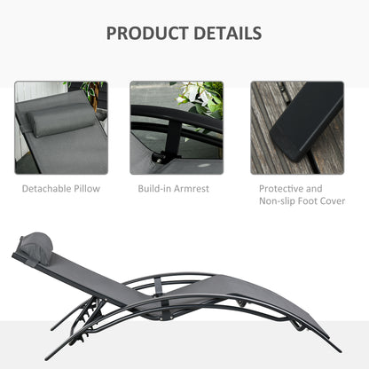 Patio Lounge Chair, Aluminum Reclining Outdoor Tanning Chair with 5-Level Adjustable Backrest, Head Pillow and Breathable Mesh Fabric, for Pool, Deck, Garden, Grey