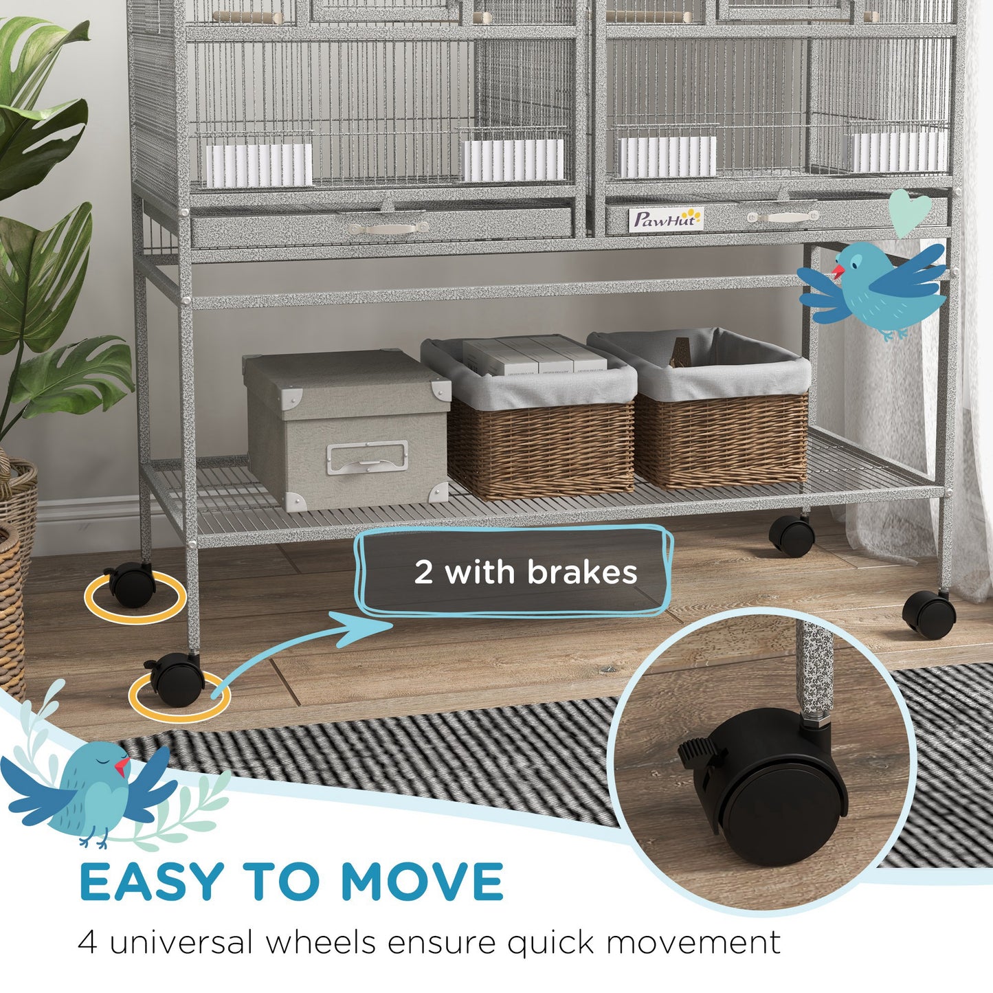 Large Double Rolling Metal Bird Cage Bird House w/ Removable Tray Storage Shelf