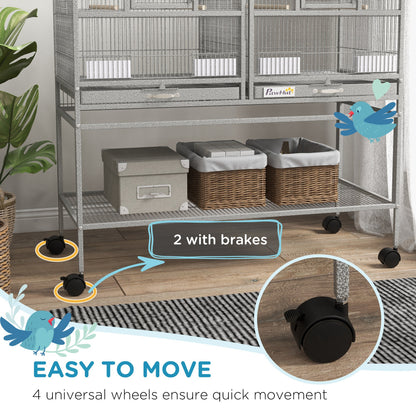 Large Double Rolling Metal Bird Cage Bird House w/ Removable Tray Storage Shelf