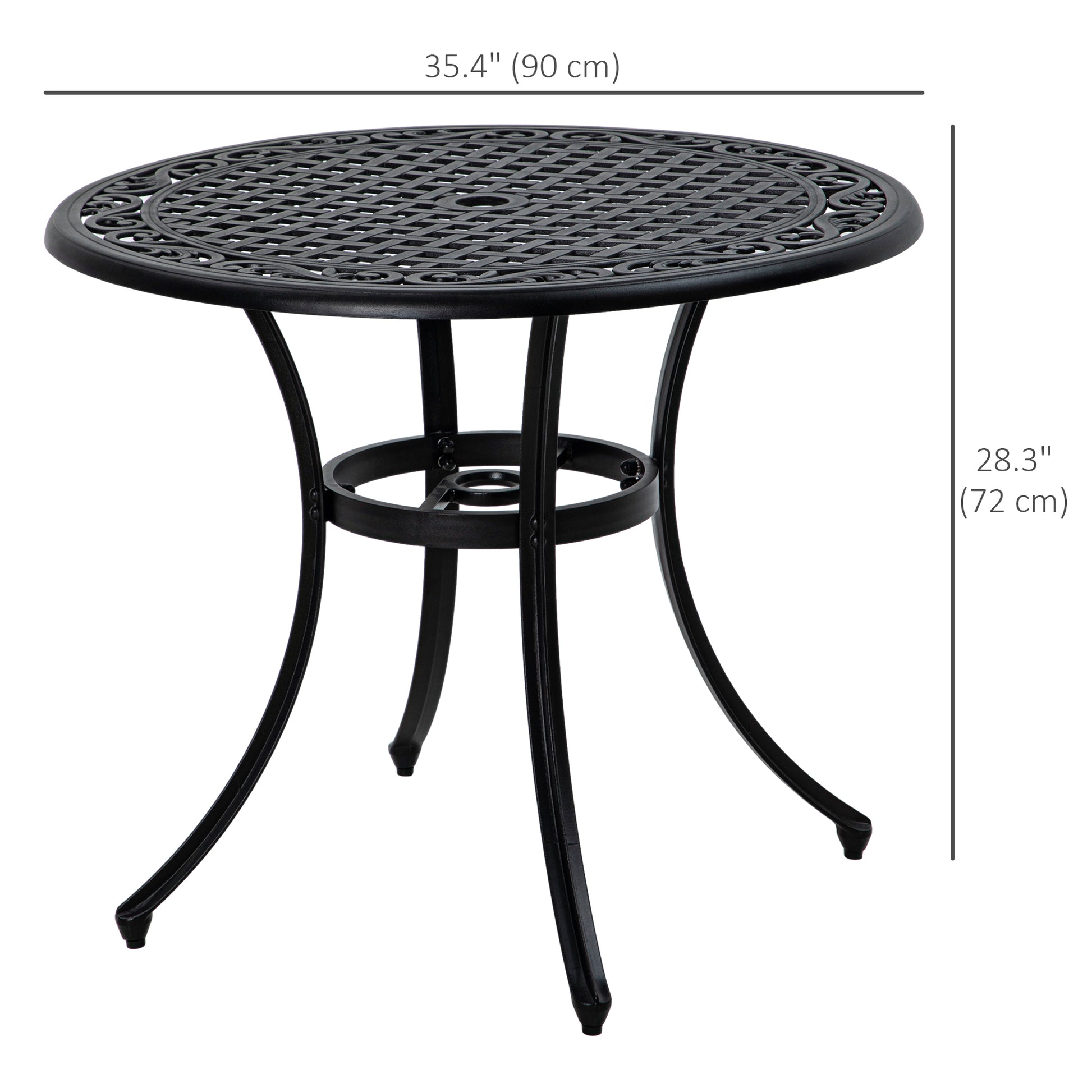 35.5" Round Outdoor Dining Table for 2-4, Cast Aluminum Garden Patio Table with 2" Umbrella Hole, Grid Top, Black