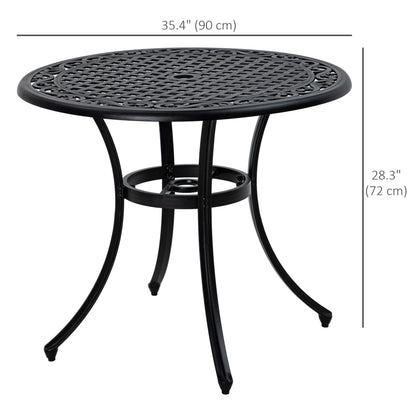35.5" Round Outdoor Dining Table for 2-4, Cast Aluminum Garden Patio Table with 2" Umbrella Hole, Grid Top, Black