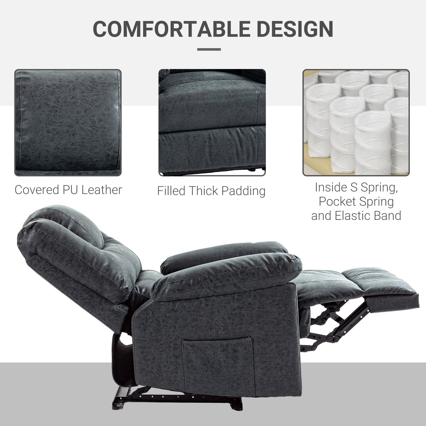 PU Leather Reclining Chair, Manual Recliner Chair for Living Room with Footrest, 2 Side Pockets, Steel Frame, Black
