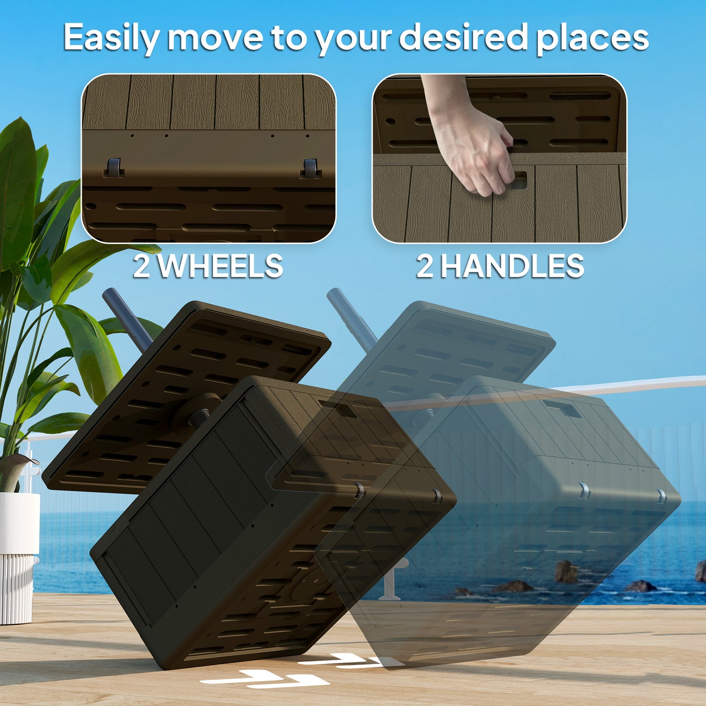 Patio Umbrella Weighted Base with Table Tray, Heavy Duty Umbrella Base with Wheels Handles, Brown