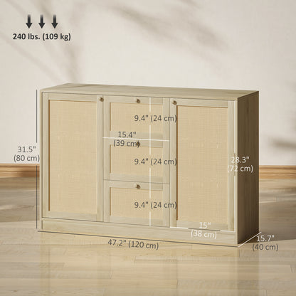 Boho Sideboard Buffet Cabinet, Kitchen Coffee Bar Cabinet with 3 Drawers, 2 Adjustable Shelves and 4 Racks, Natural