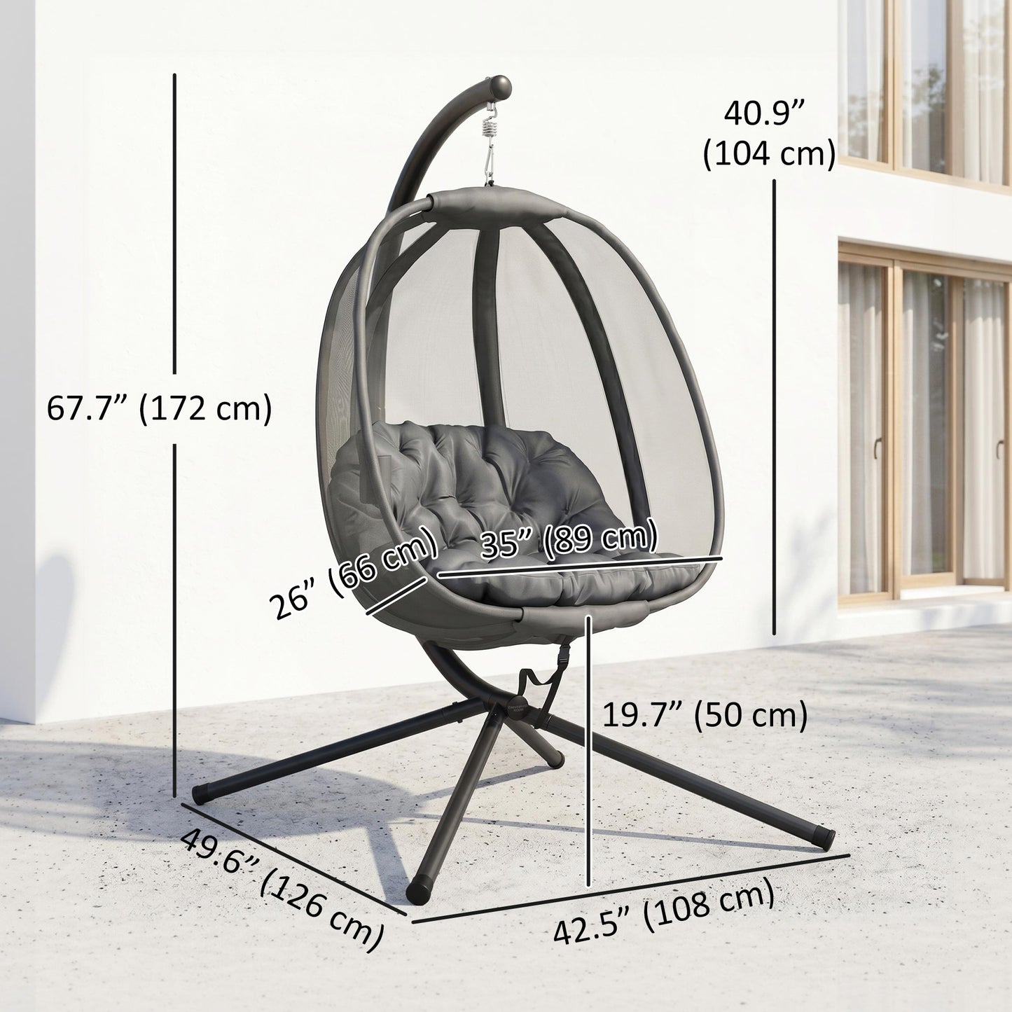 Hanging Egg Chair, Outdoor Indoor Swing Chair with Stand, Folding Basket and Thickened Cushion, Grey