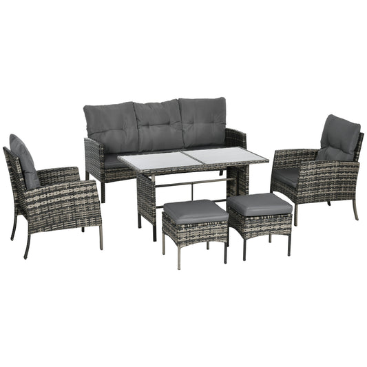 6-Piece Outdoor Patio Furniture Set with Chairs, Ottomans, Sofa, Glass Top Coffee Table and Cushions, Wicker Rattan Conversation Set for Backyard and Porch, Grey