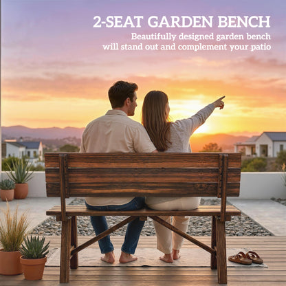 Wooden Garden Bench for Outdoor, 2-person Patio Bench, Loveseat Furniture, Carbonized