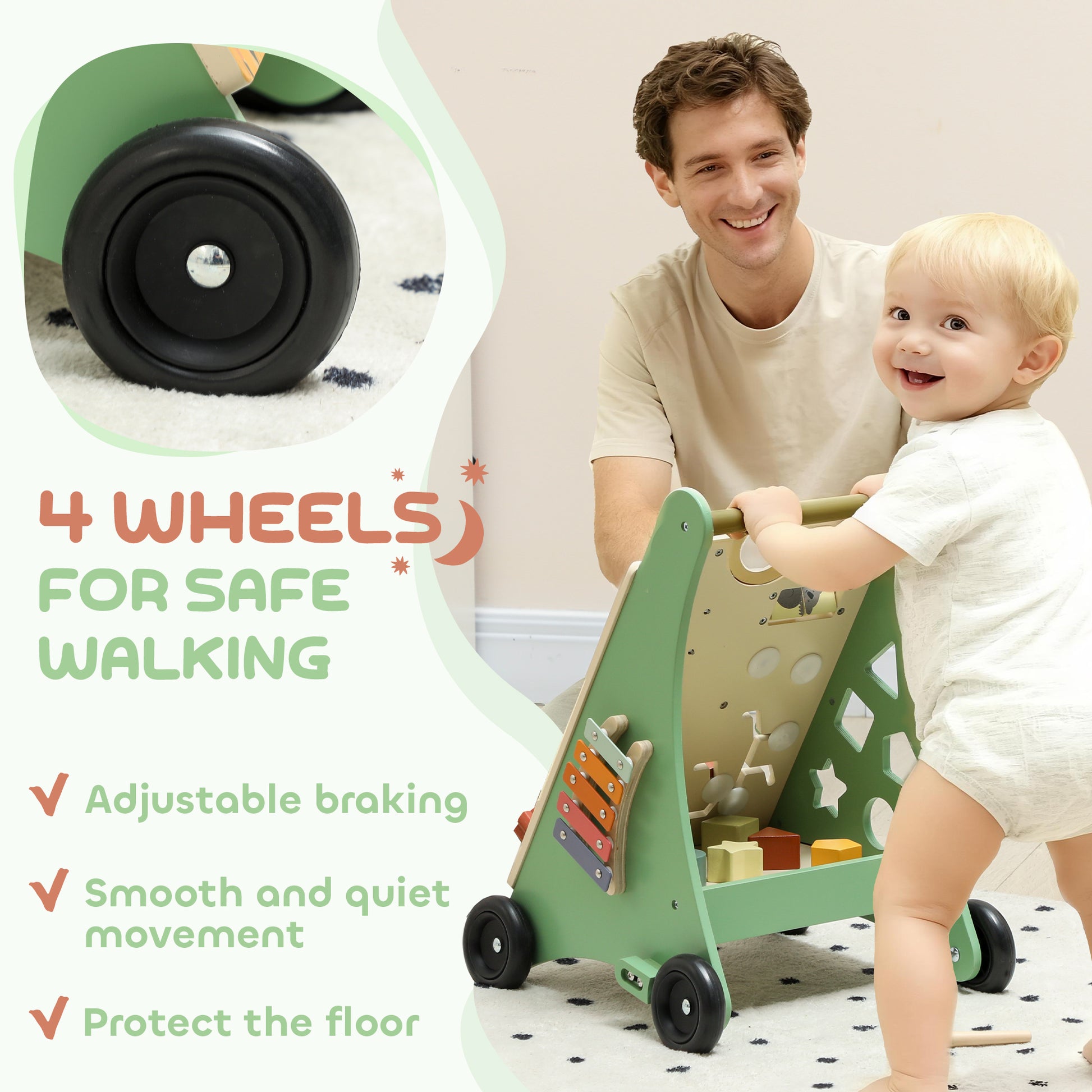 Qaba Wooden Baby Walker, Push Along Walker Toys with Speed Control, Xylophone, gears and Bead Maze, Green
