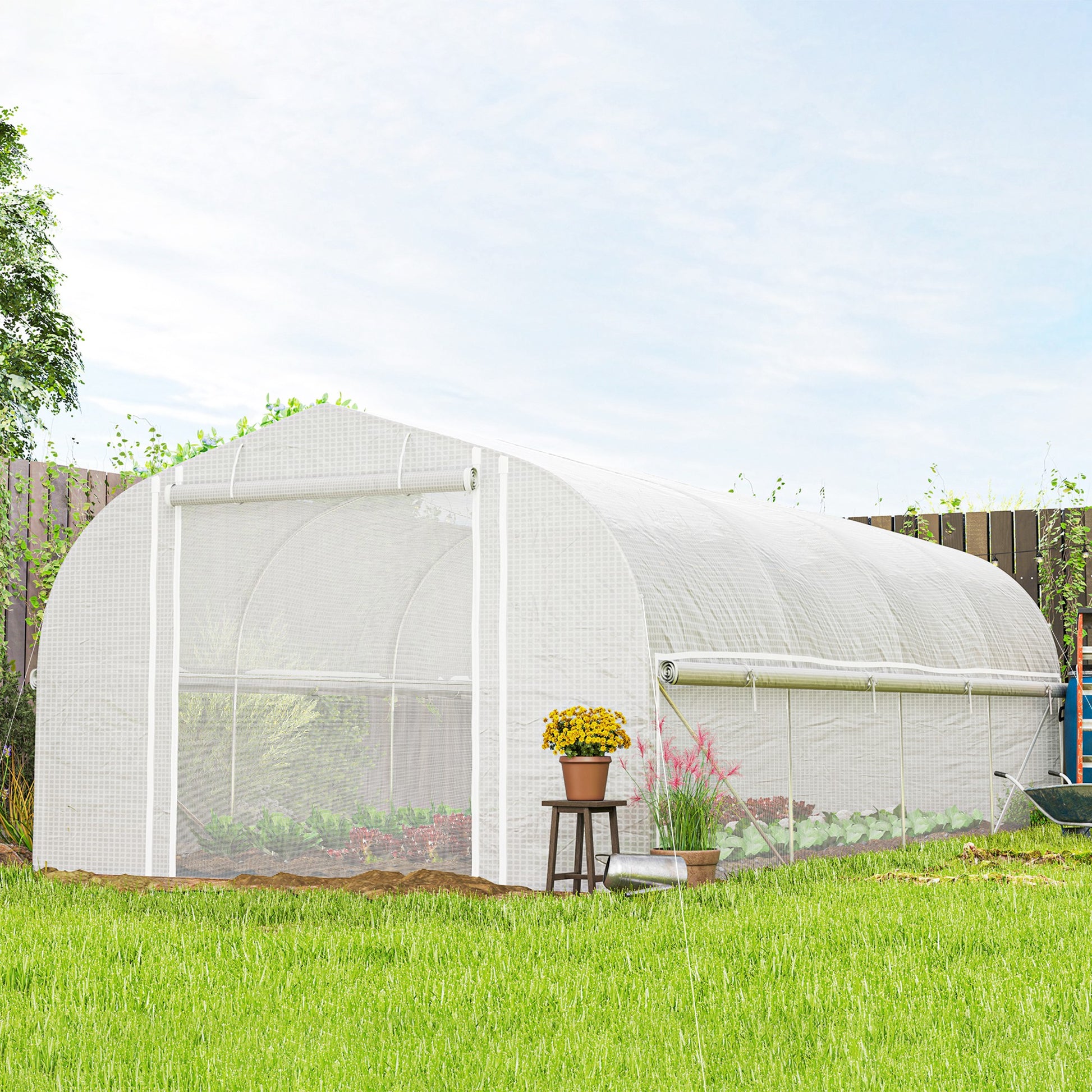 19.5' x 10' x 6.6' Tunnel Greenhouse Outdoor Green House with Roll-up Mesh Sidewalls, Mesh Door, Galvanized Steel, Wind Resistant, White